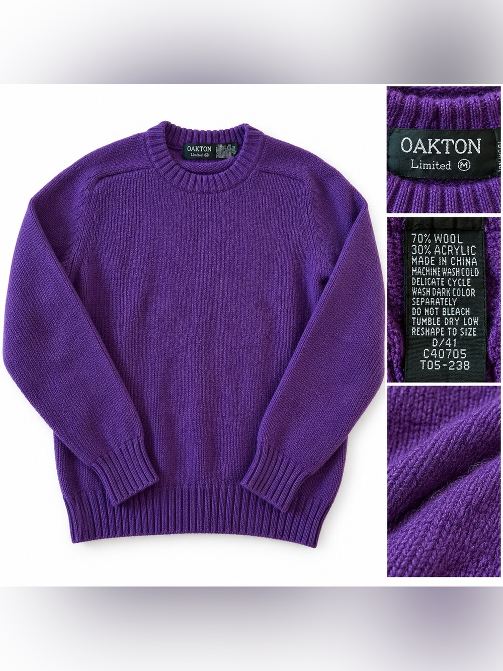 Vintage Oakton Limited M Purple Wool Blend Crewneck Sweater 70% Wool